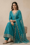 Teal Blue Embroidered Kurta Set with Dupatta for Women - The House of Indu