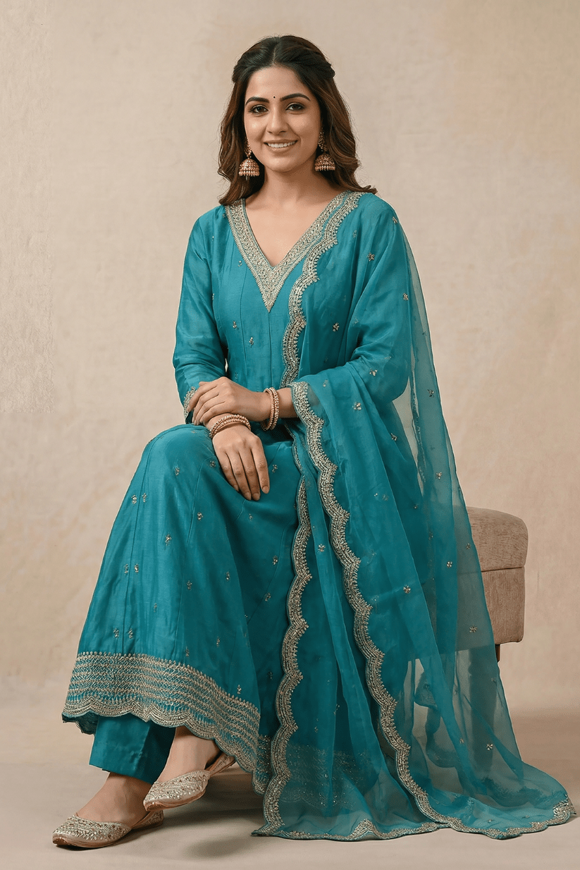 Teal Blue Embroidered Kurta Set with Dupatta for Women - The House of Indu