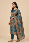 Teal Blue Polyester Straight Kurta Set with Dupatta for Women - The House of Indu
