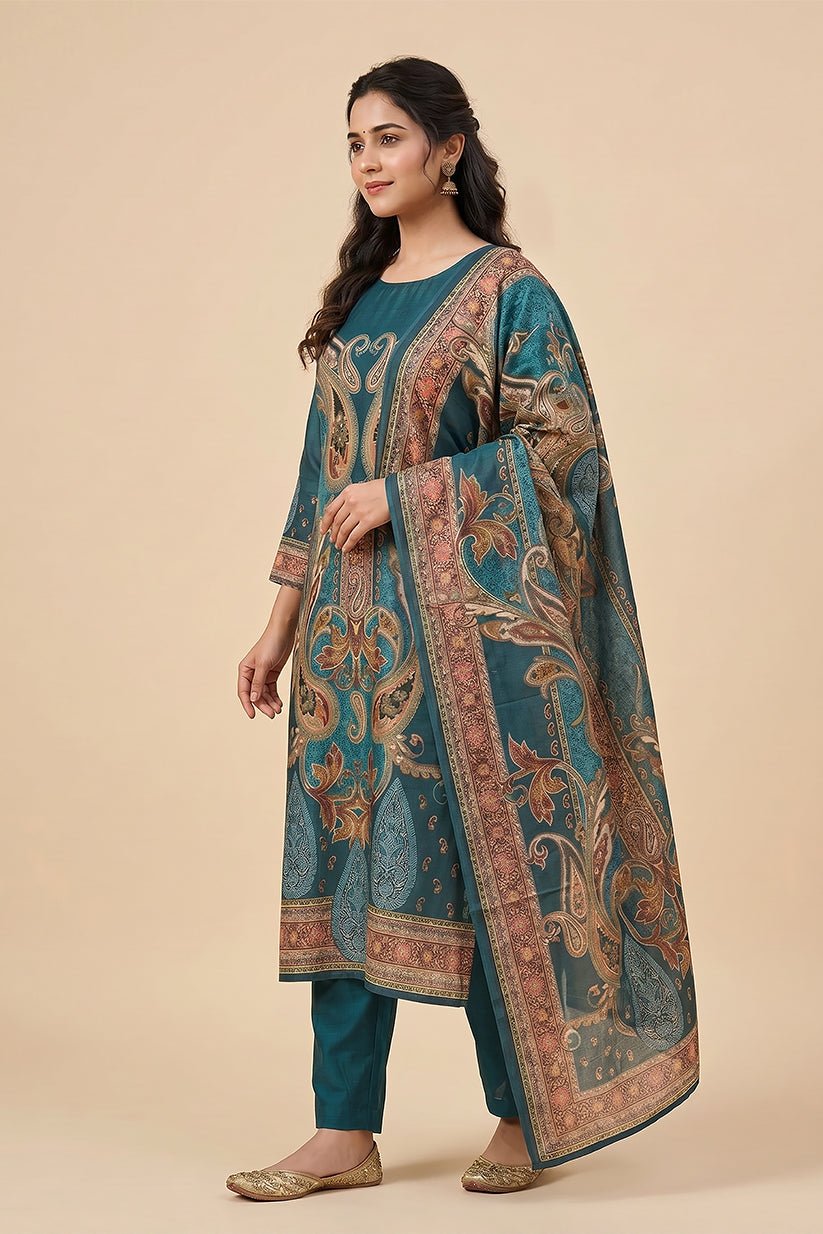 Teal Blue Polyester Straight Kurta Set with Dupatta for Women - The House of Indu