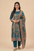 Teal Blue Polyester Straight Kurta Set with Dupatta for Women - The House of Indu
