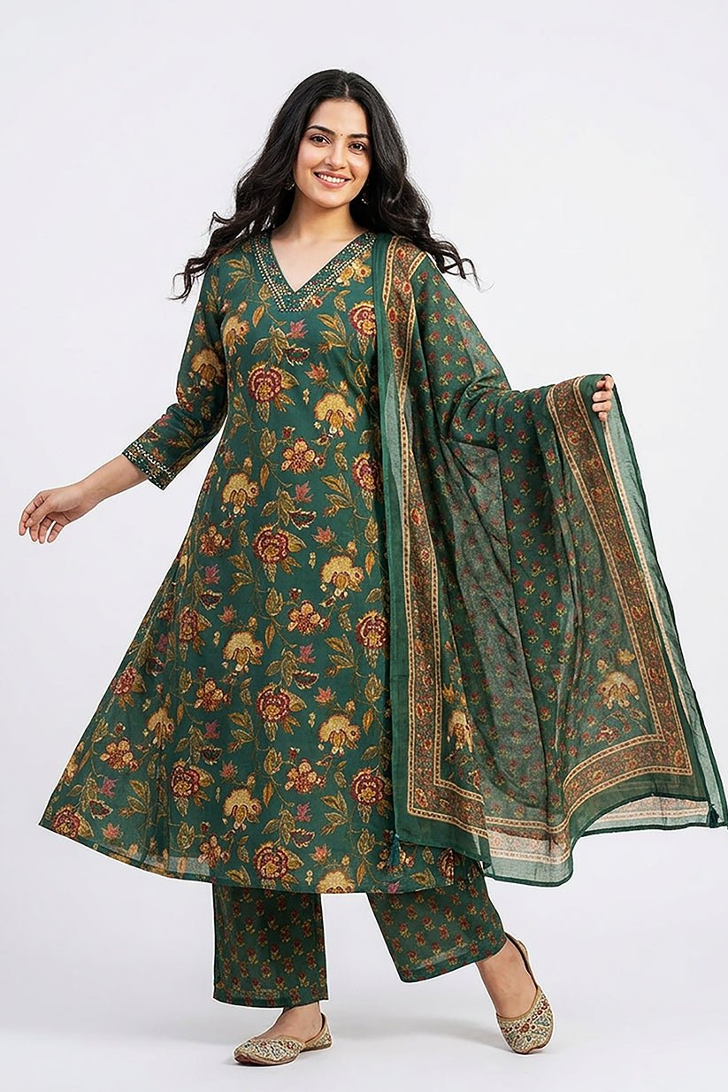 Teal Green Floral Print Kurta Pant Dupatta Set for Women - The House of Indu