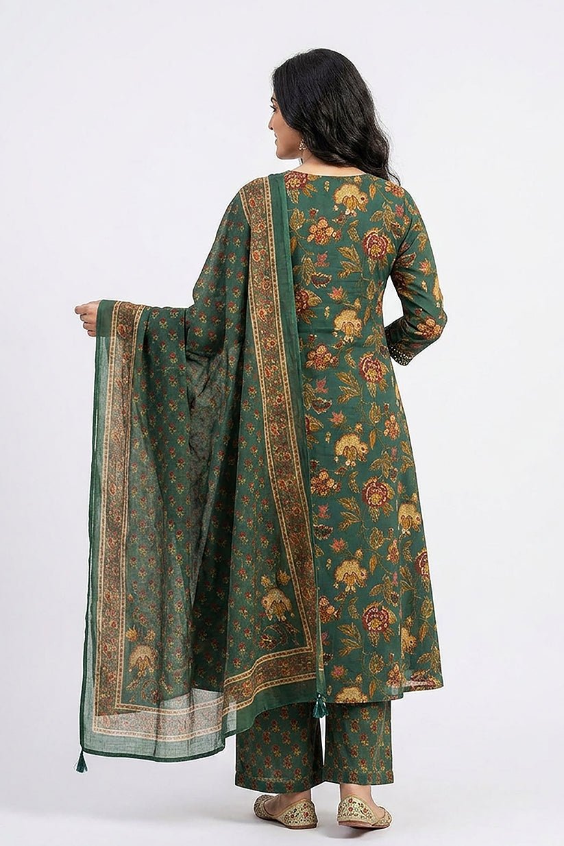 Teal Green Floral Print Kurta Pant Dupatta Set for Women - The House of Indu