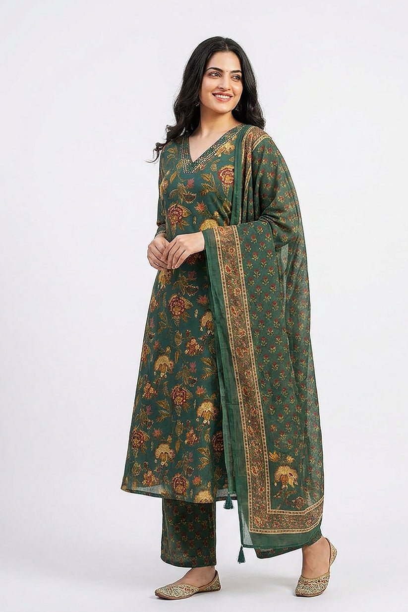 Teal Green Floral Print Kurta Pant Dupatta Set for Women - The House of Indu