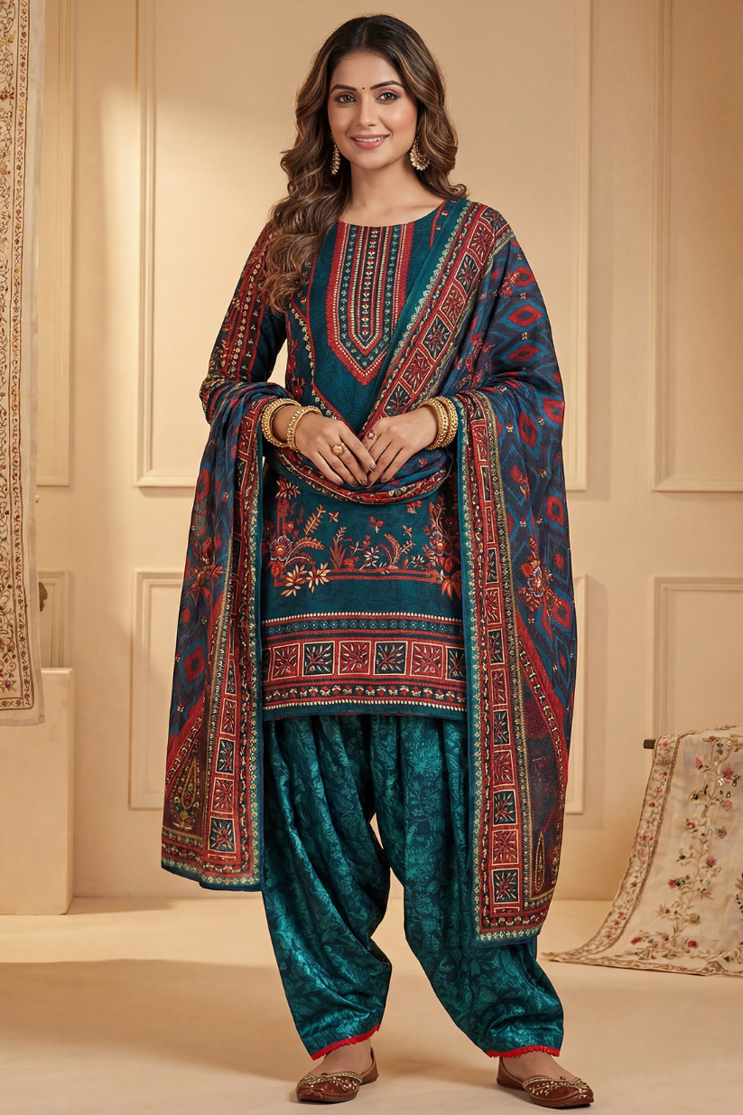Woman wearing teal green printed kurta set with Patiala pants and dupatta front view