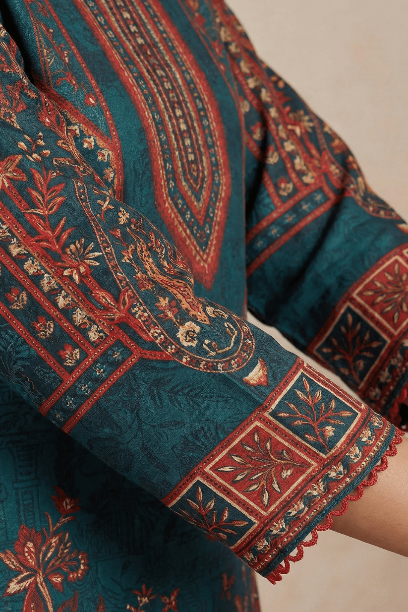 Teal Green Punjabi Printed Kurta Set with Patiala & Dupatta - The House of Indu