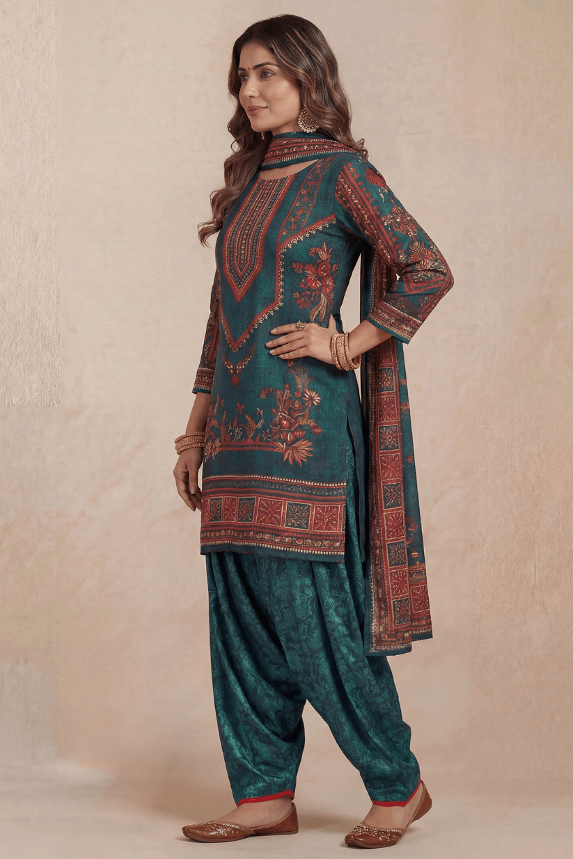 Teal Green Punjabi Printed Kurta Set with Patiala & Dupatta - The House of Indu