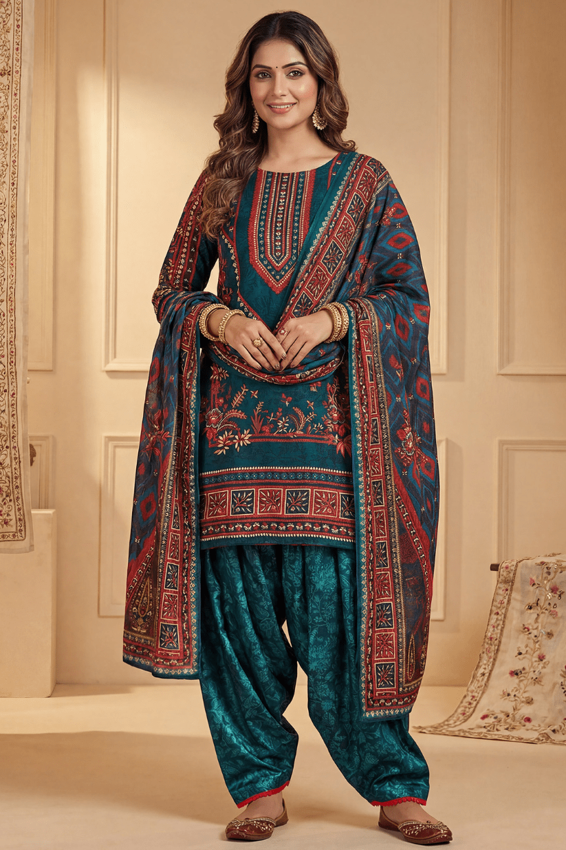 Teal Green Punjabi Printed Kurta Set with Patiala & Dupatta - The House of Indu