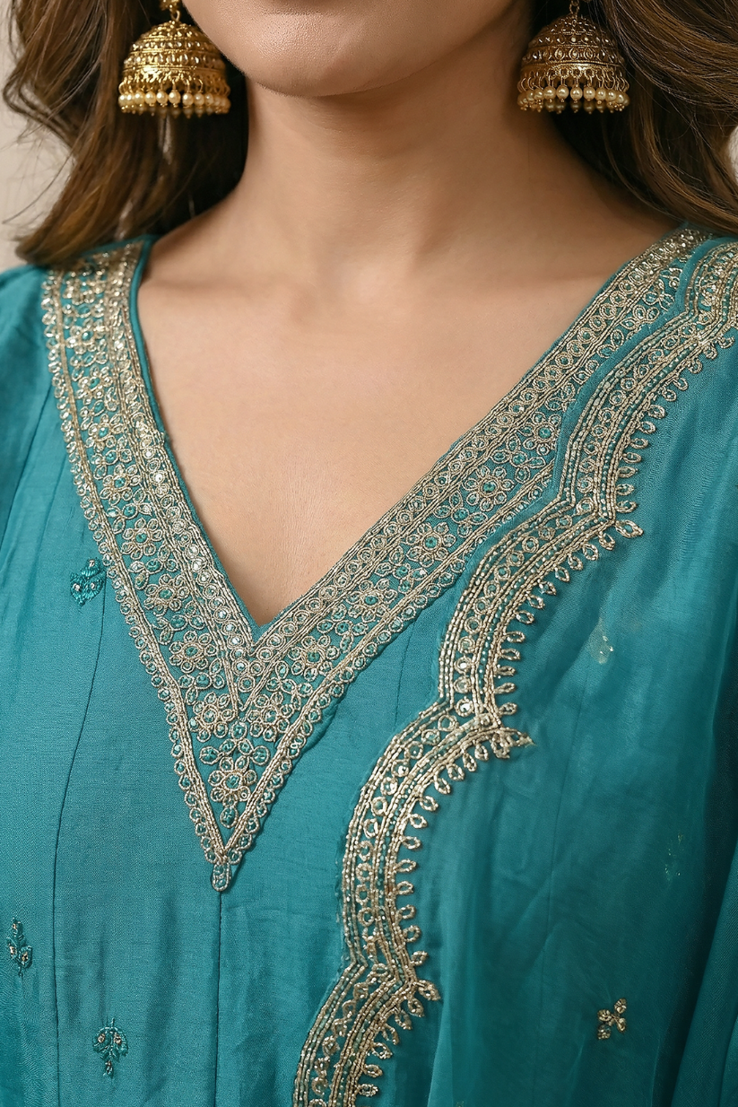 Teal embroidered kurta set with elegant dupatta for women