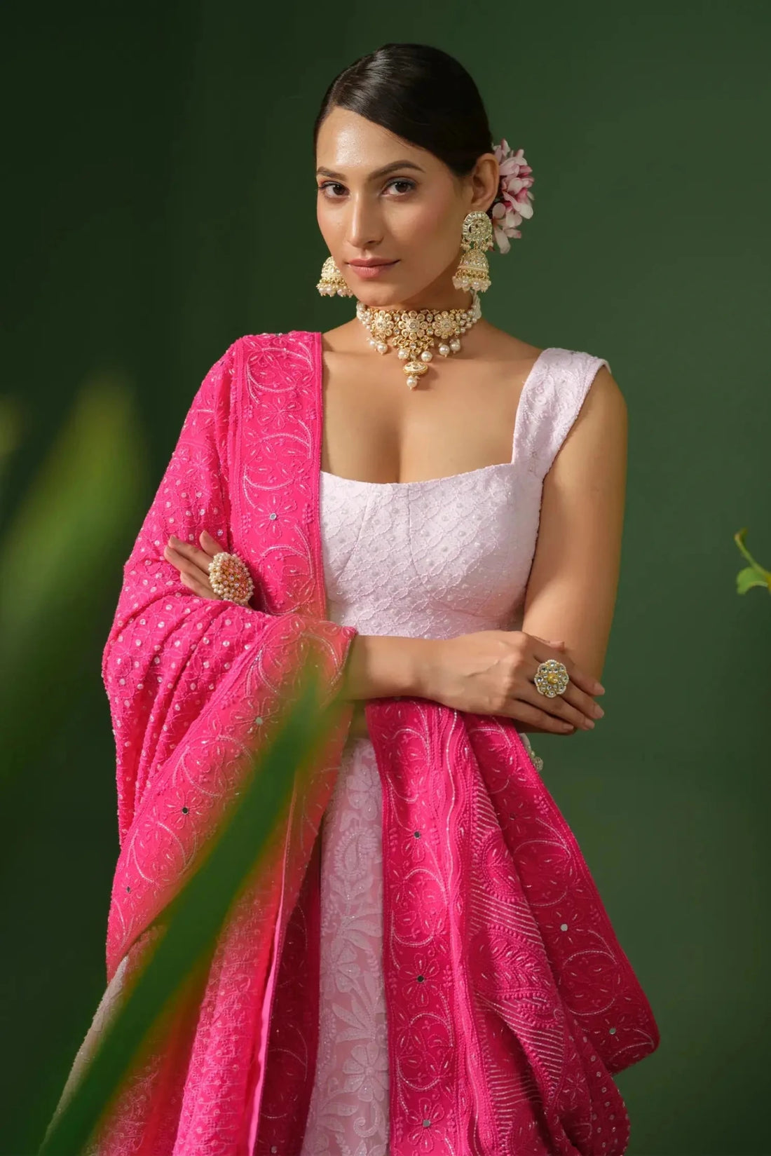 The Pink Chikankari Georgette Ombre Lehenga with Dupatta - The House of Indu