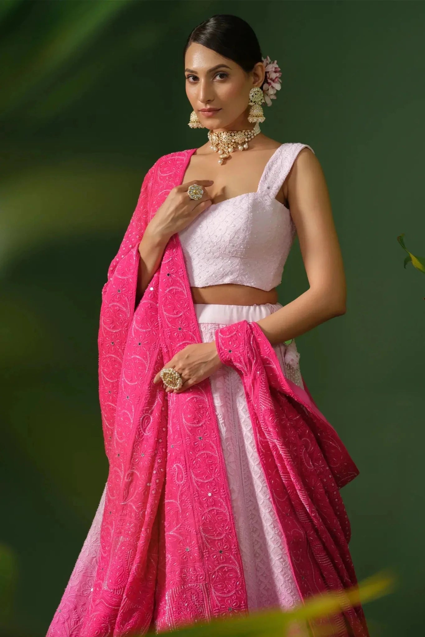 The Pink Chikankari Georgette Ombre Lehenga with Dupatta - The House of Indu