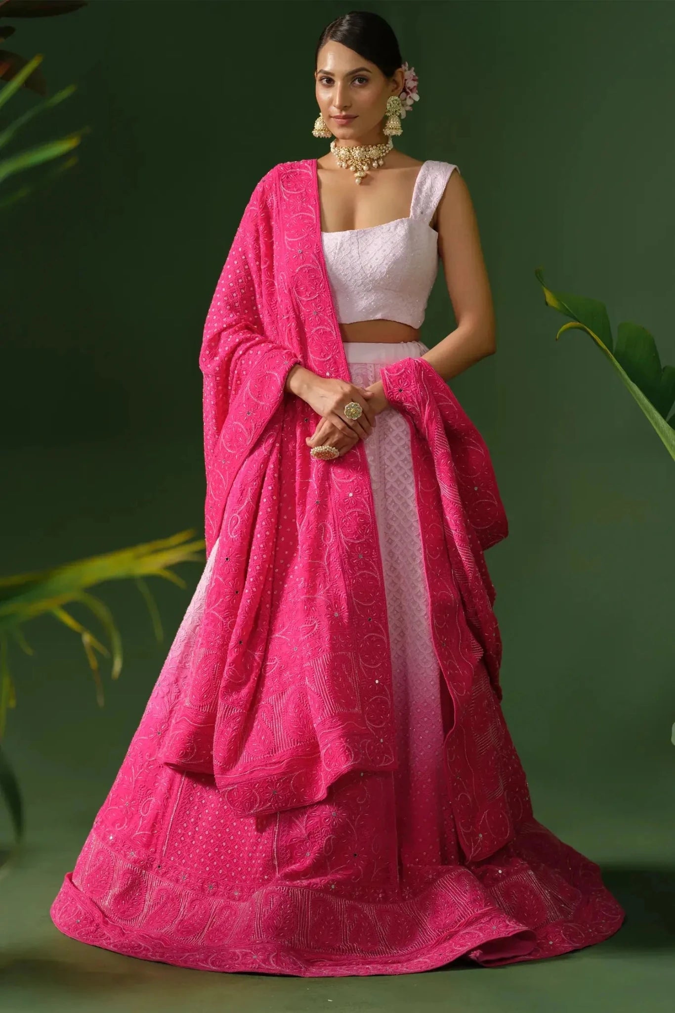 The Pink Chikankari Georgette Ombre Lehenga with Dupatta - The House of Indu
