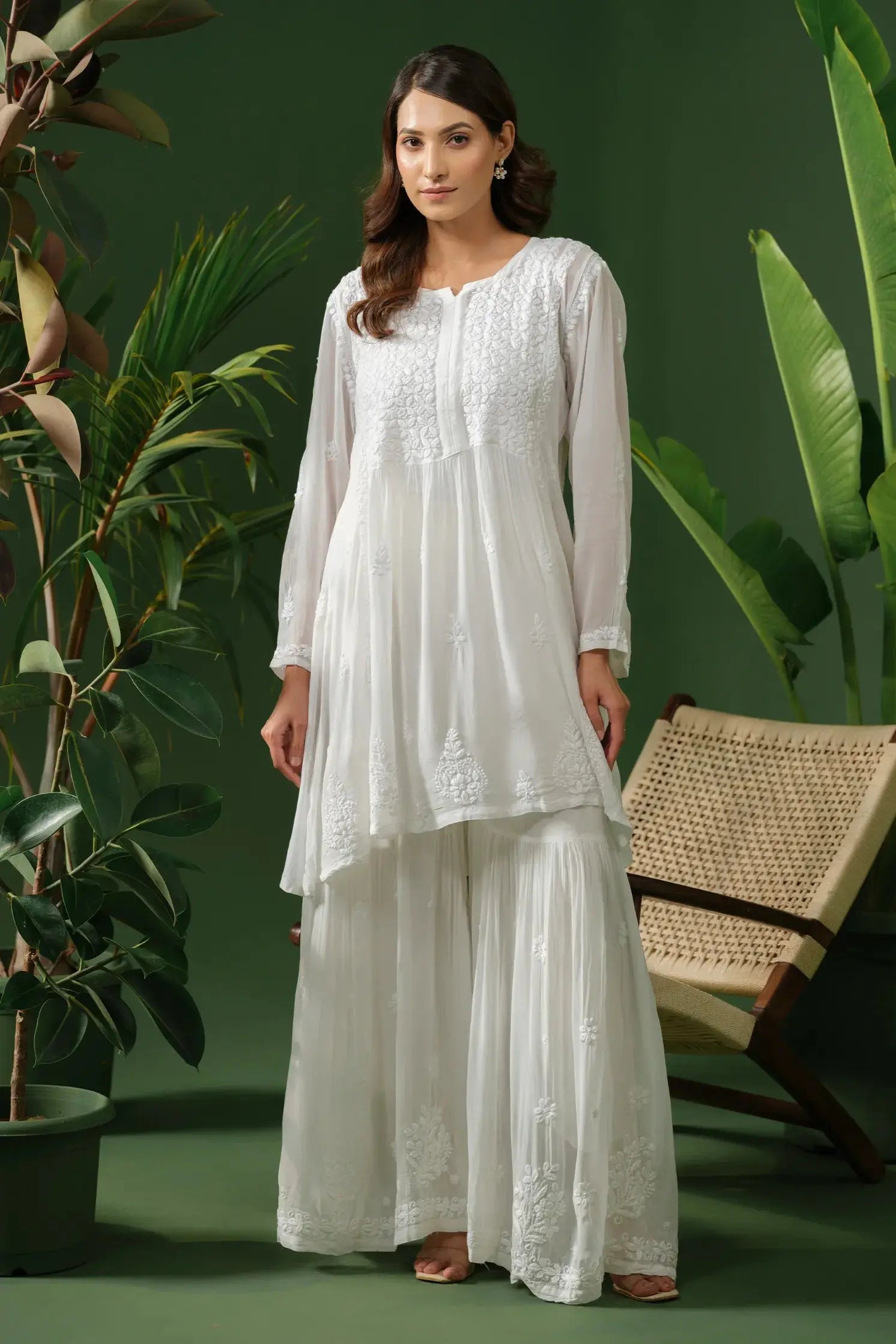 Pure Georgette Chikankari White Short Kurta The House of Indu