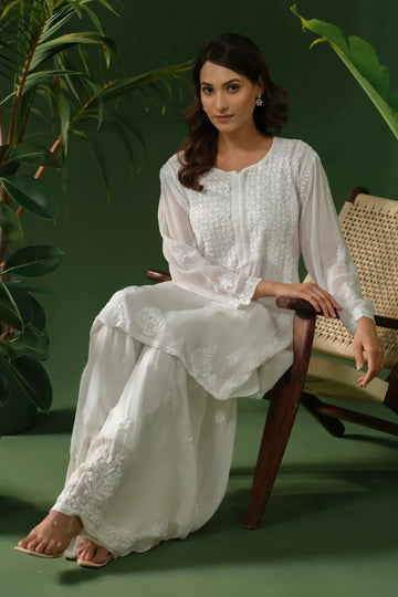 Pure Georgette Chikankari White Short Kurta The House of Indu