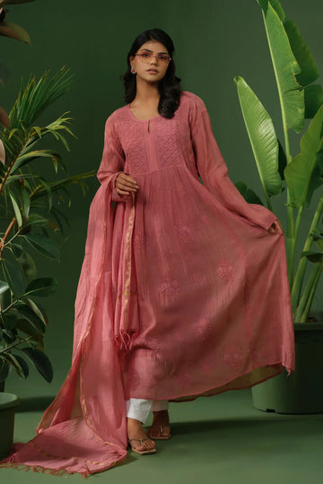 Mul Chaderi Chikankari Kurta & Dupatta Set The House of Indu