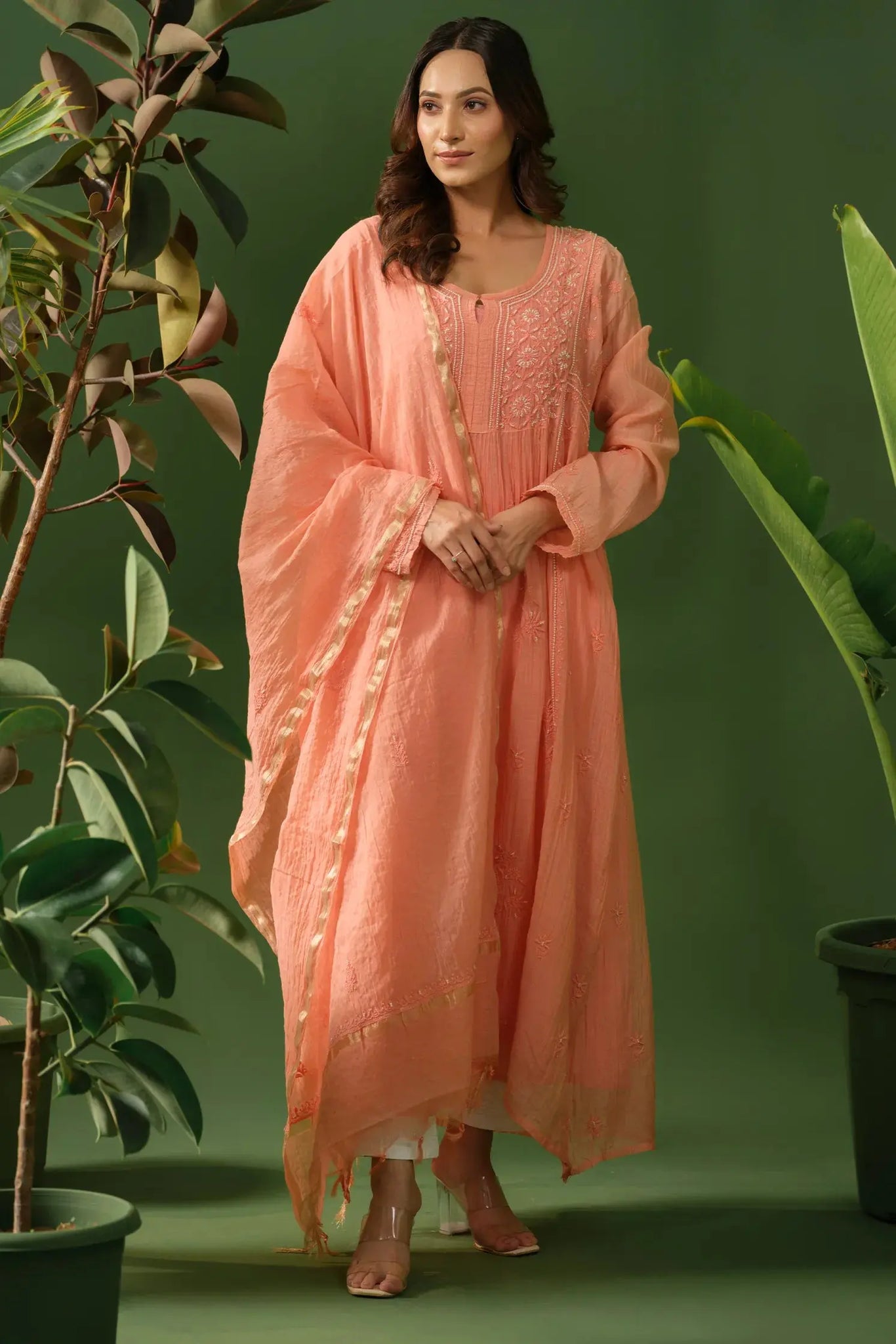 Mul Chanderi Chikankari Kurta & Dupatta Set The House of Indu