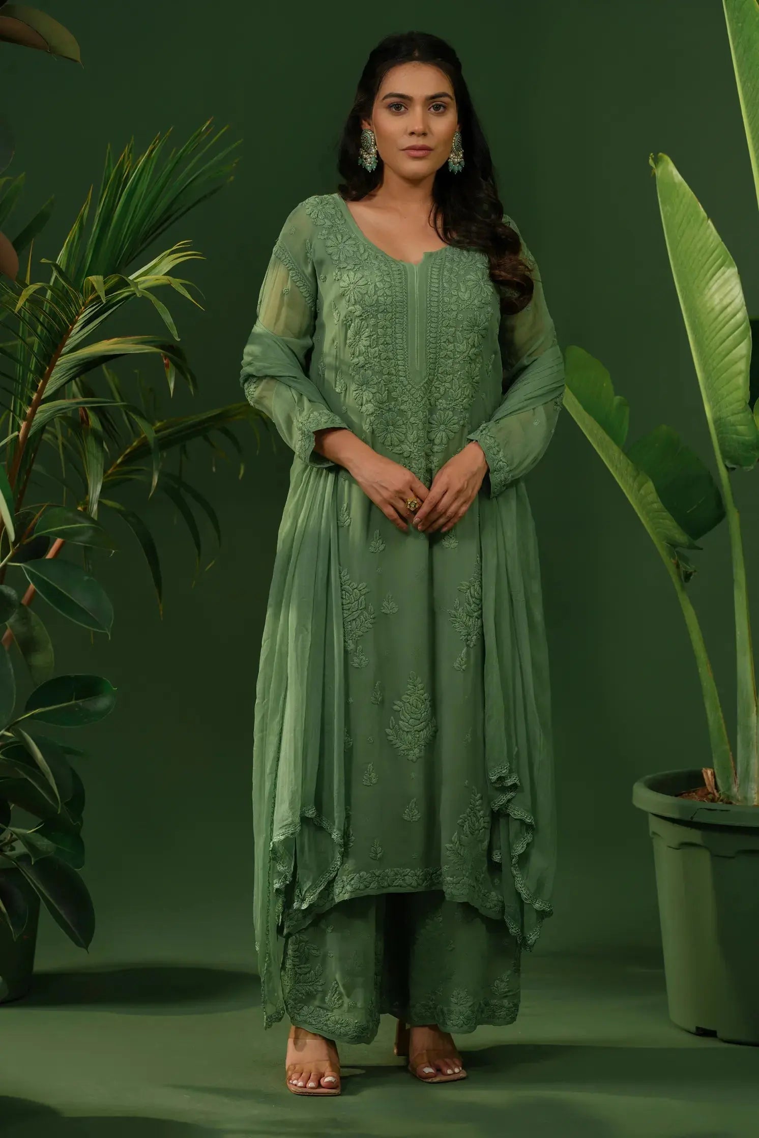 Viscose Chikankari Kurta Set with Palazzo & Dupatta The House of Indu