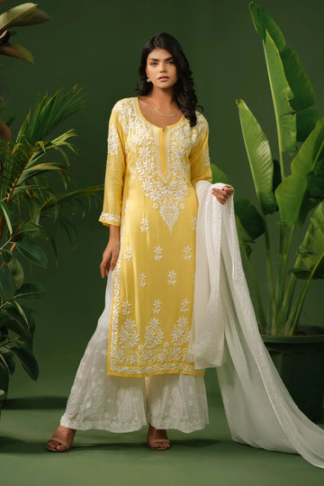 Heavy Modal Chikankari Yellow Kurta The House of Indu