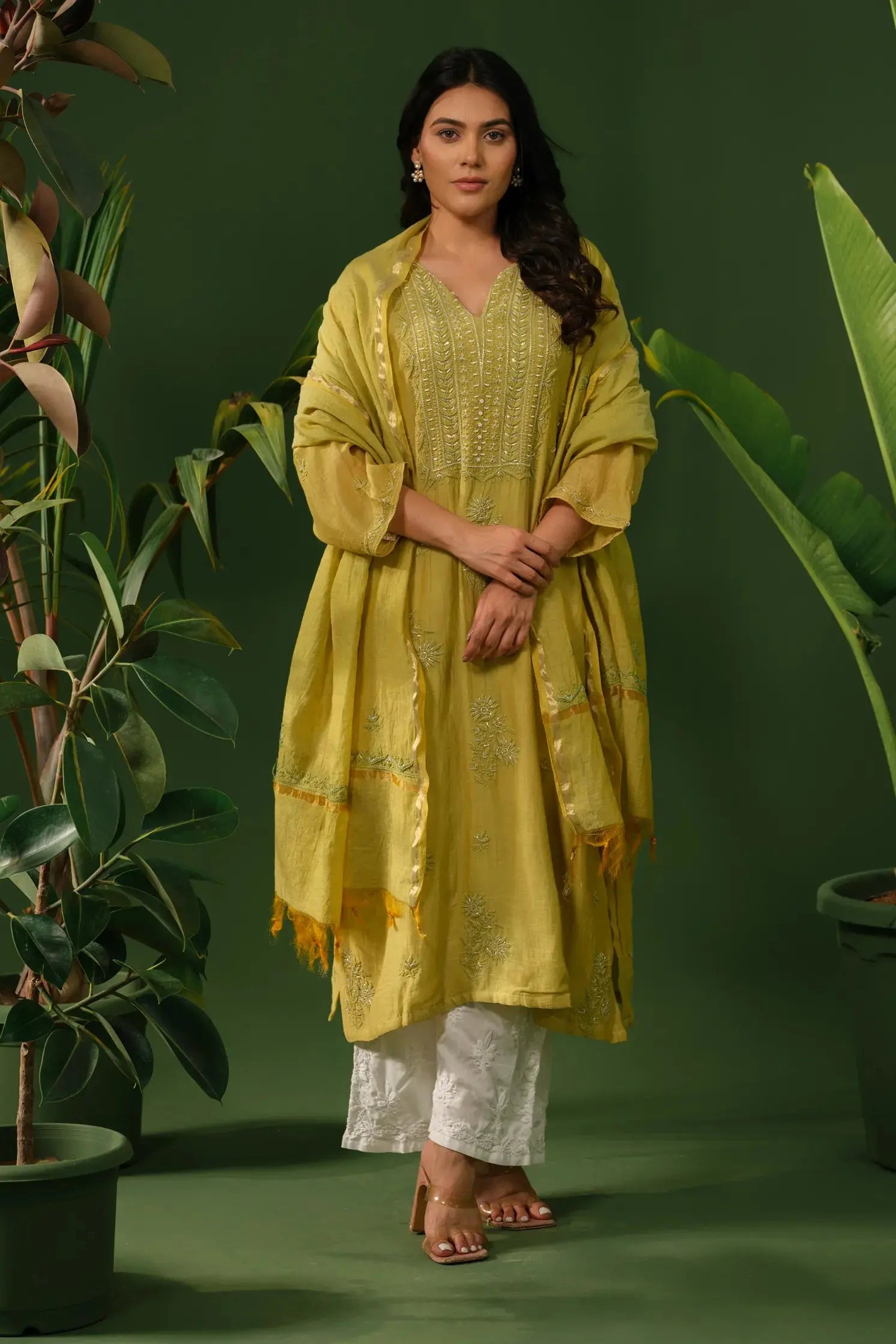 Mul Chanderi Chikankari Kurta & Dupatta Set The House of Indu