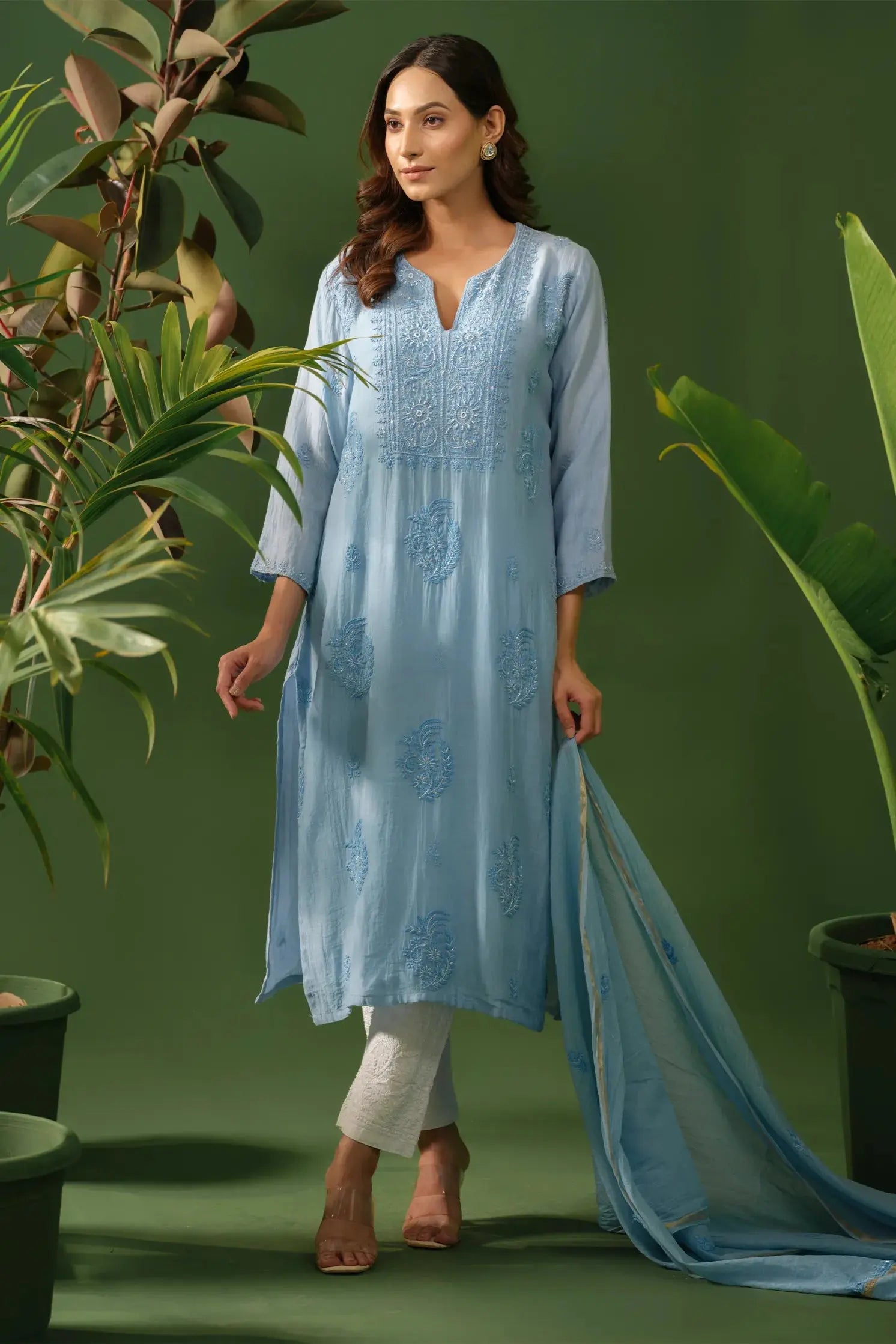 Mul Chanderi Chikankari Kurta & Dupatta Set The House of Indu