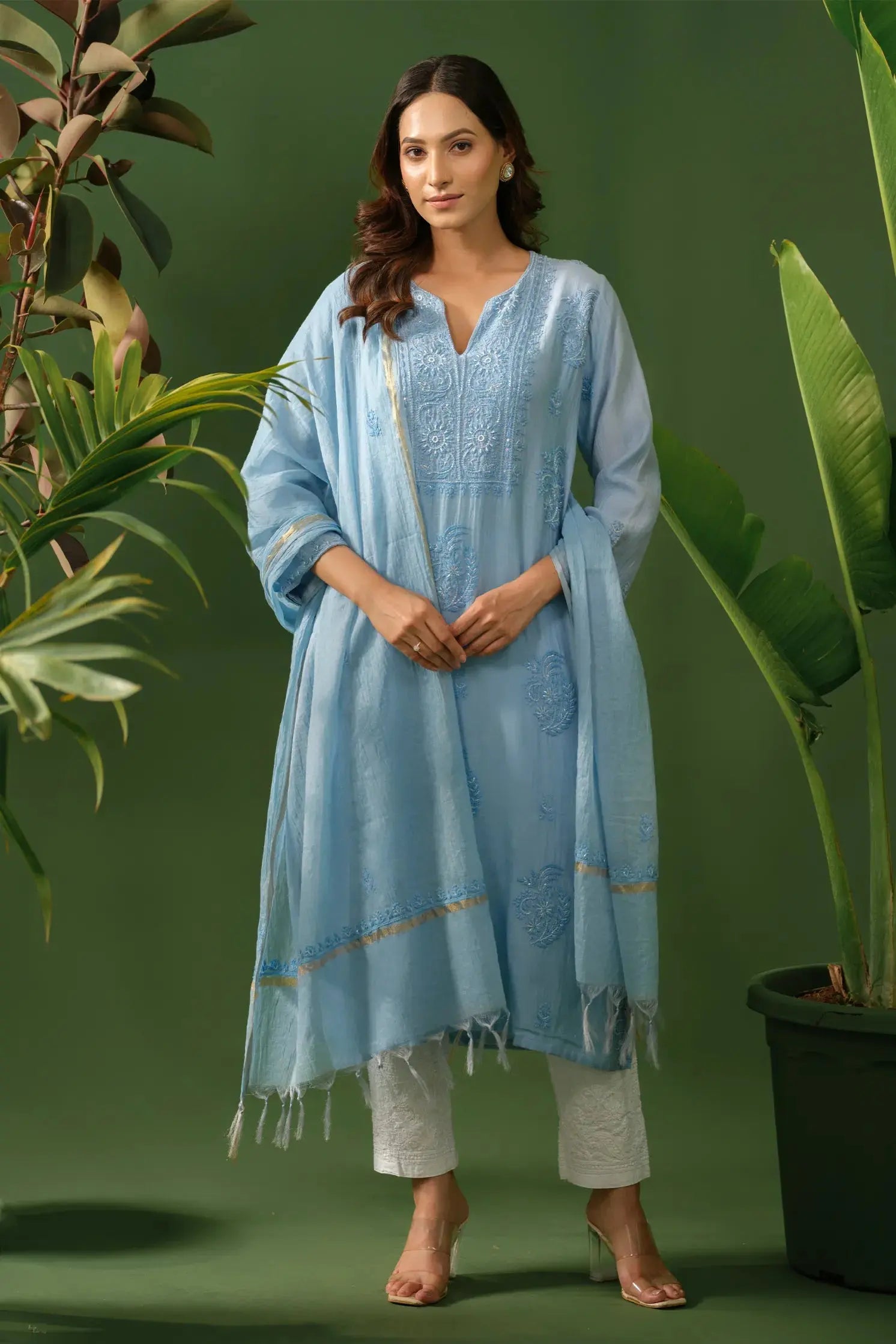 Mul Chanderi Chikankari Kurta & Dupatta Set The House of Indu