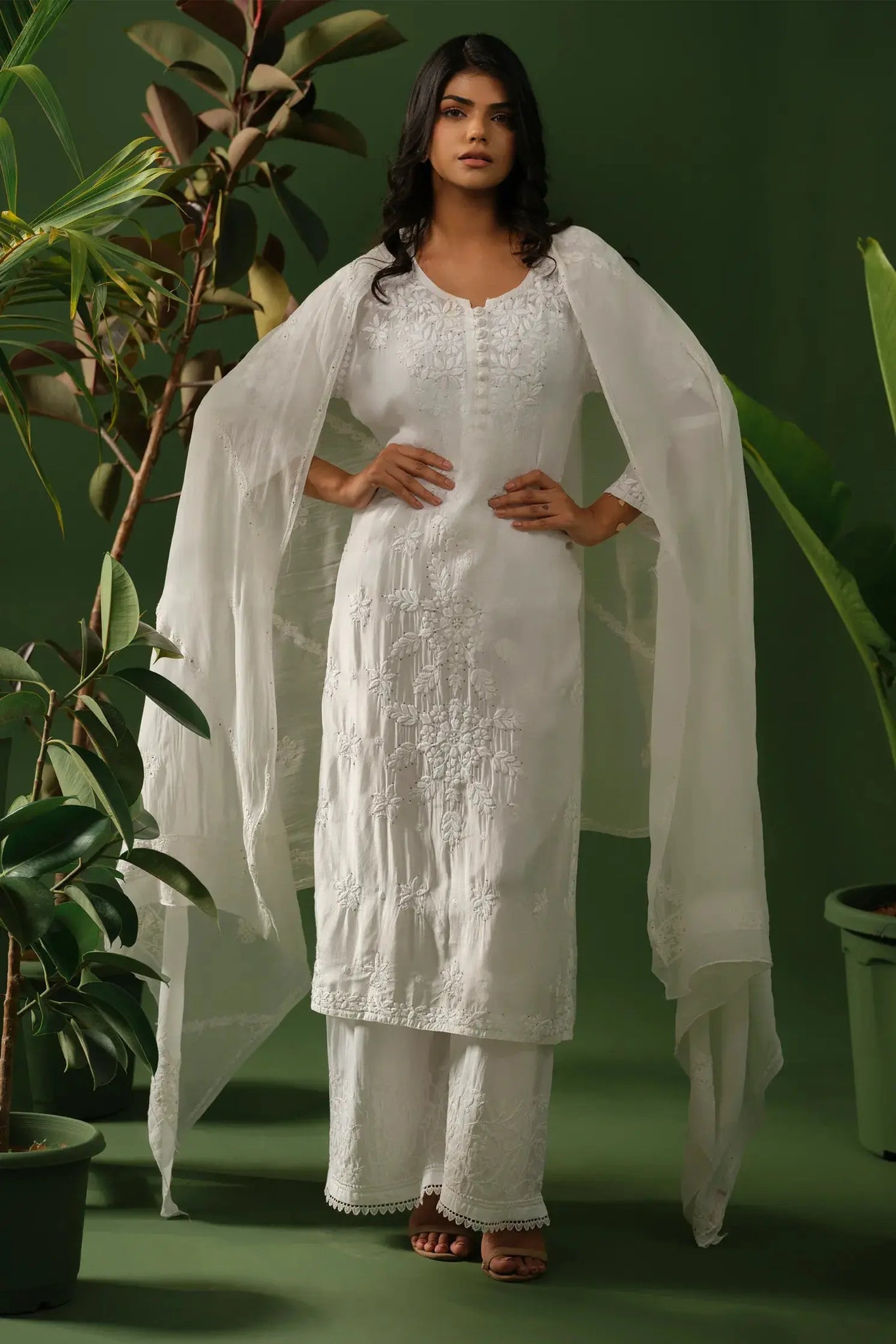 Muslin Chikankari with Mukaish White Kurta The House of Indu