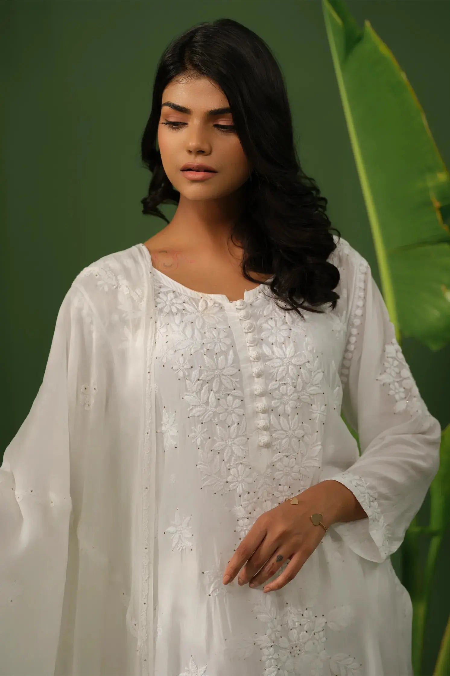 Muslin Chikankari with Mukaish White Kurta The House of Indu