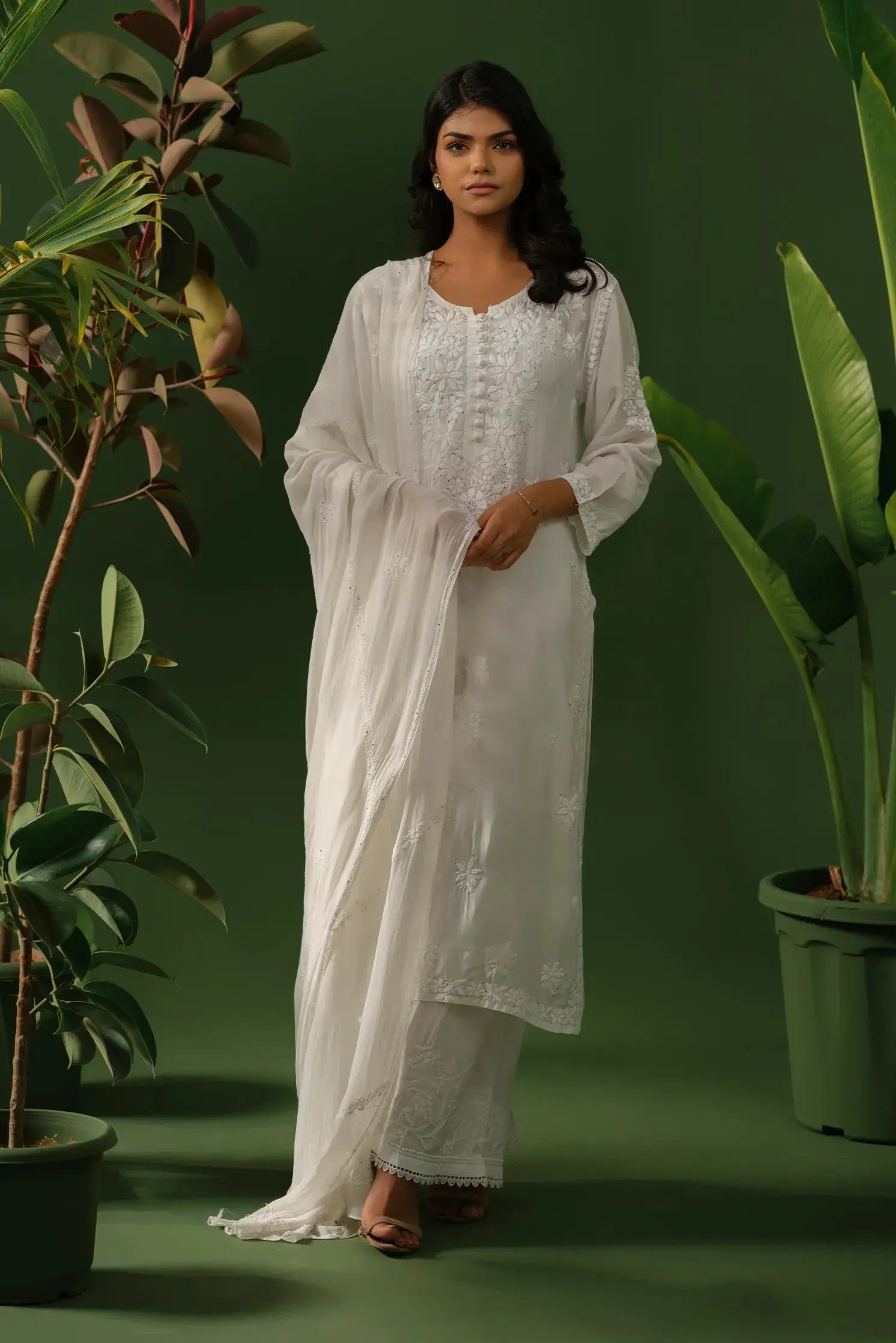 Muslin Chikankari with Mukaish White Kurta The House of Indu