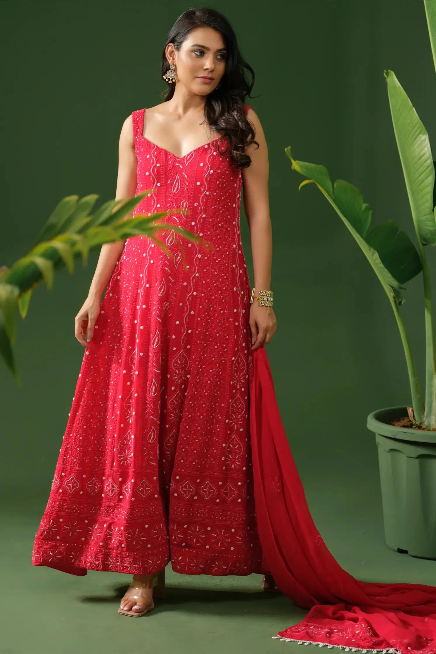 Georgette Chikankari Red Anarkali with Dupatta The House of Indu