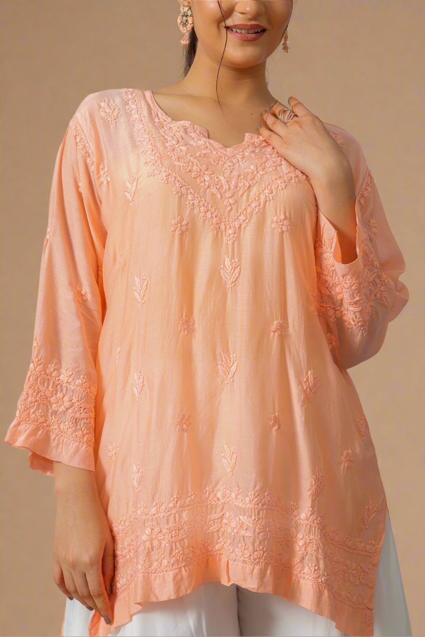 Peach Chikankari Muslin Short Kurta - The House of Indu