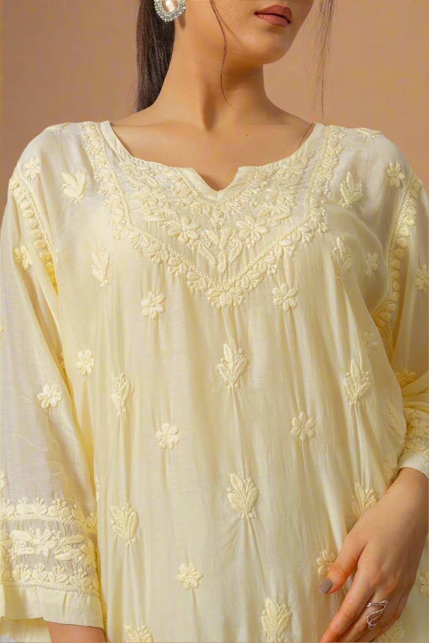 Cream Chikankari Muslin Short Short Kurta