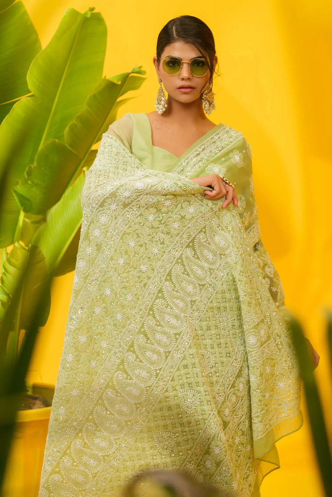 Georgette Chikankari Green Saree with Blouse - The House of Indu