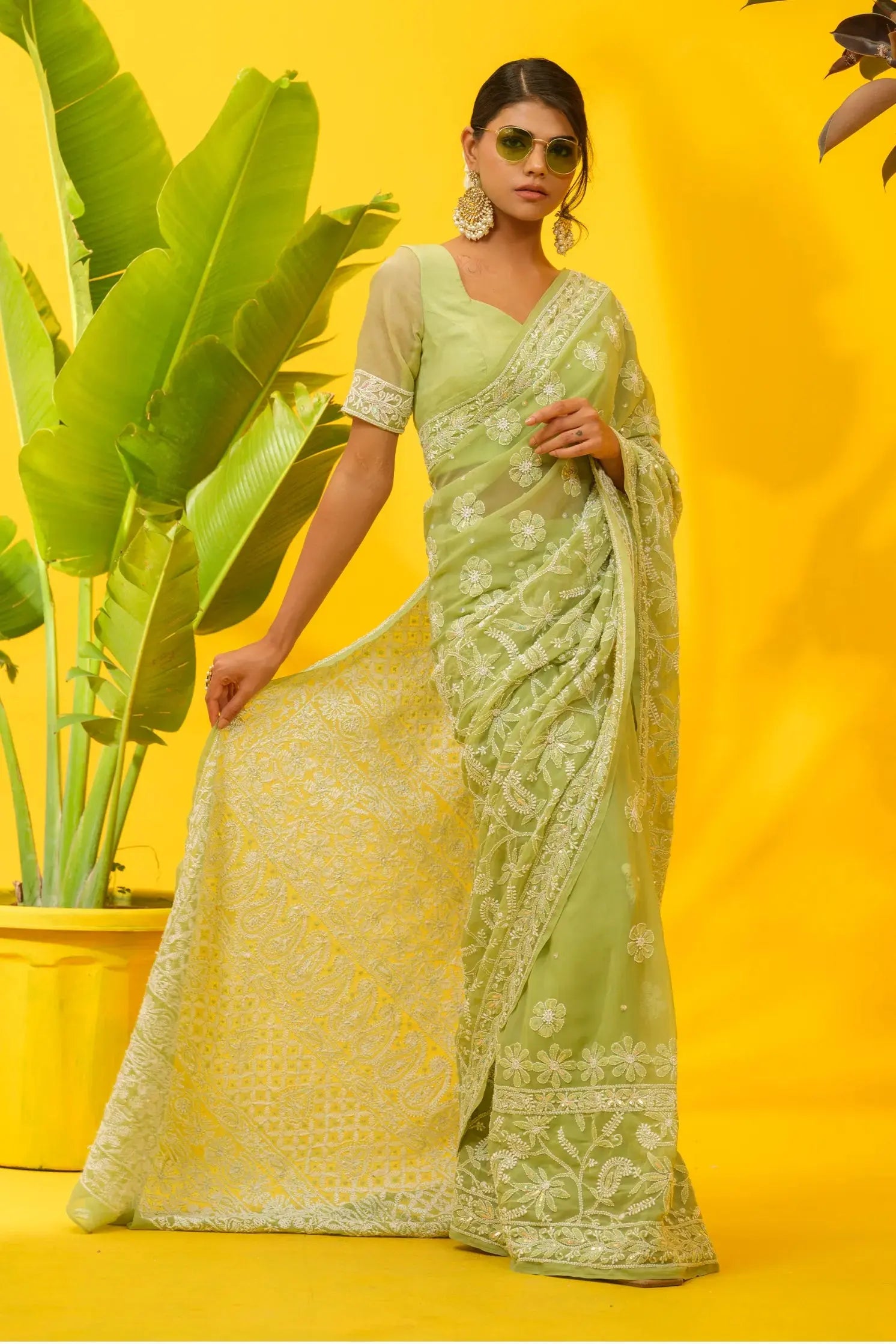 Georgette Chikankari Green Saree with Blouse - The House of Indu