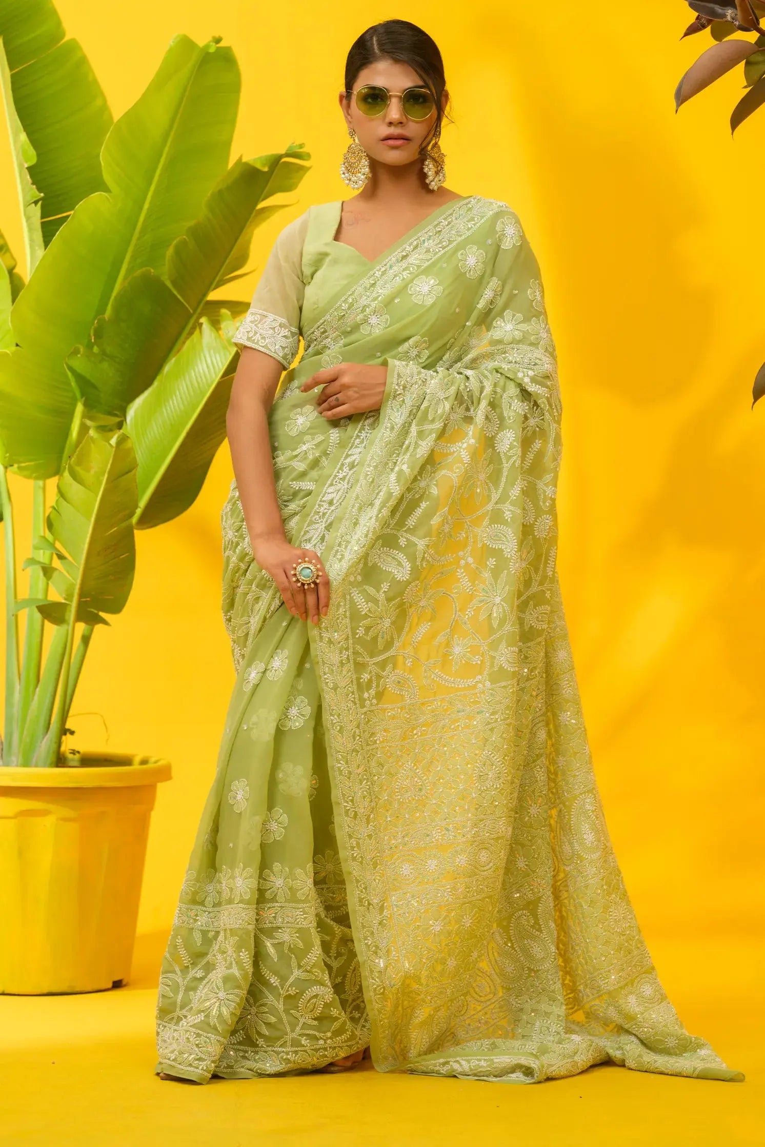 Georgette Chikankari Green Saree with Blouse - The House of Indu