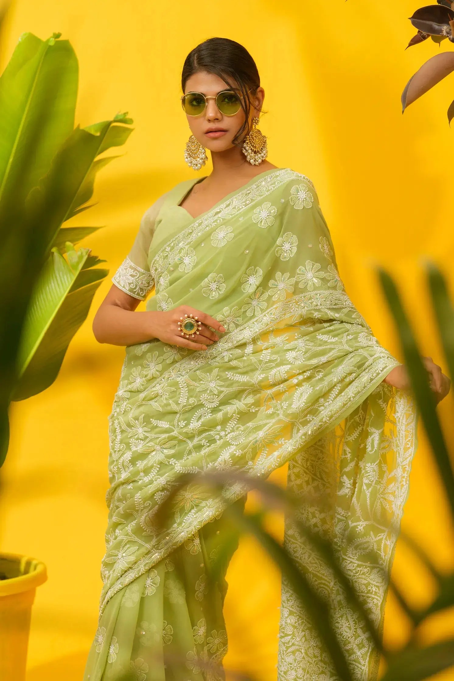 Georgette Chikankari Green Saree with Blouse - The House of Indu