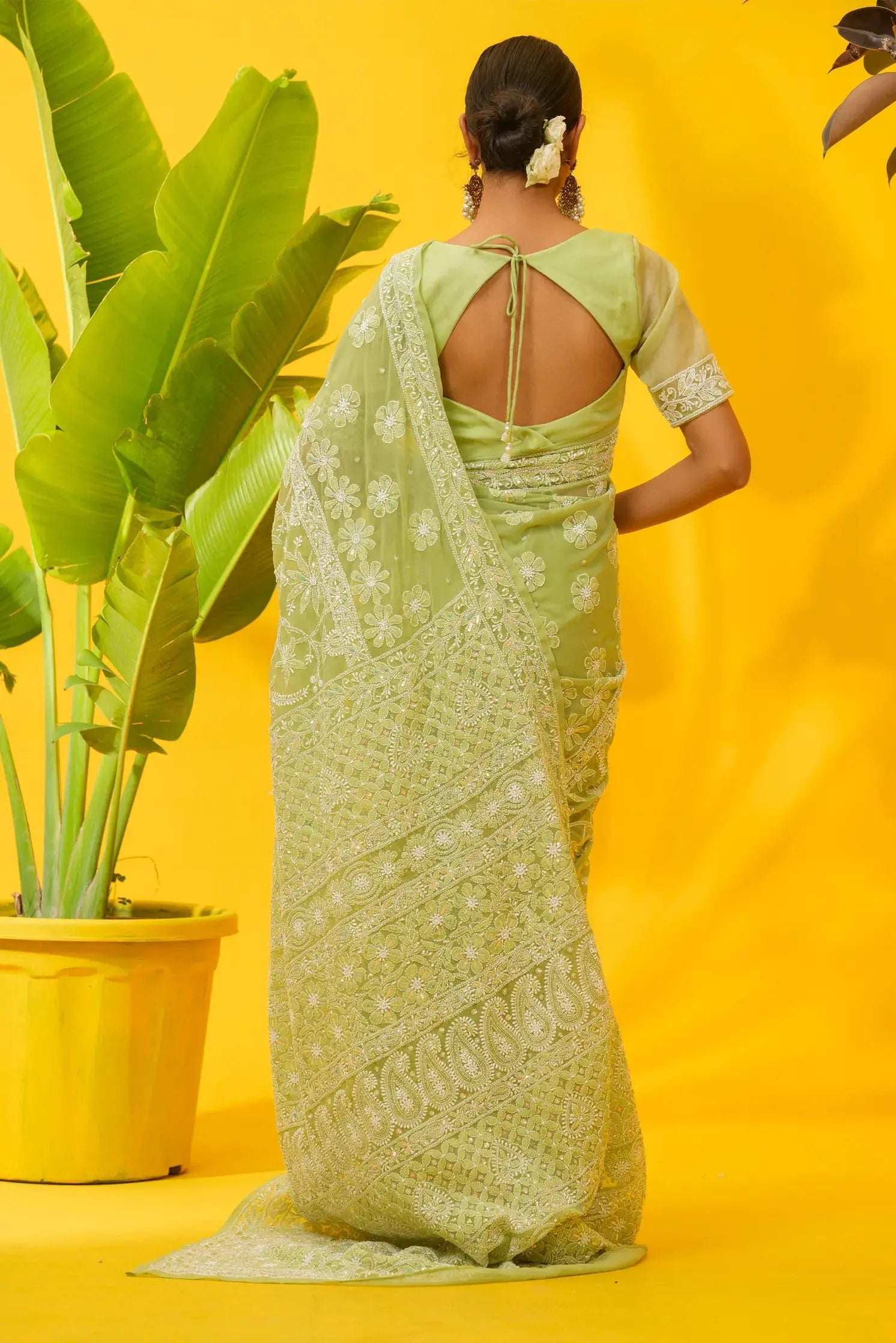 Georgette Chikankari Green Saree with Blouse - The House of Indu