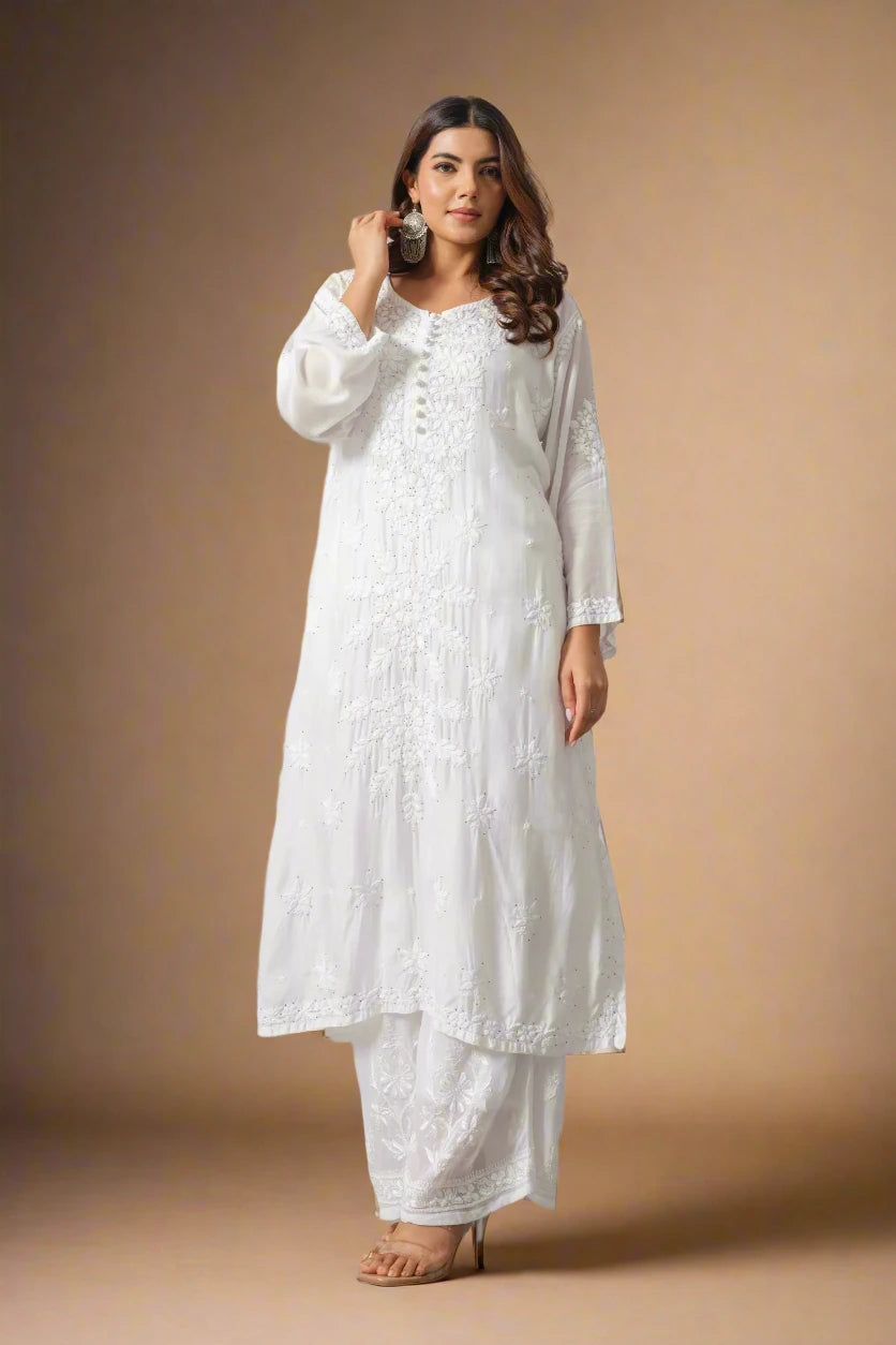 White Muslin Kurta with Mukaish and Chikankari Embroidery