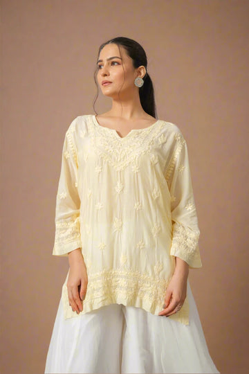 Cream Chikankari Muslin Short Short Kurta