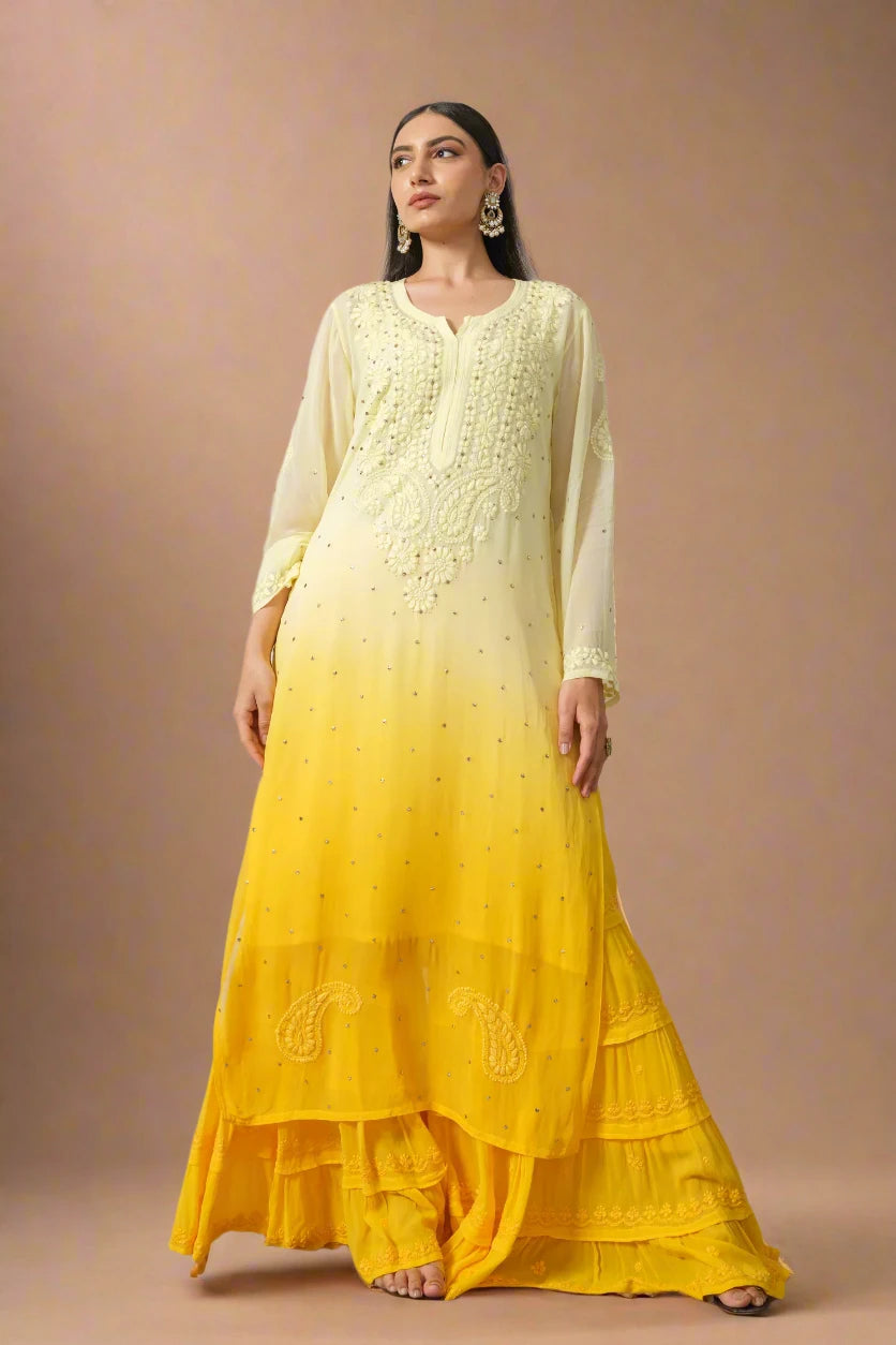 Yellow Ombre Chikankari Kurta with Exquisite Floral Embroidery