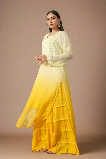 Yellow Ombre Chikankari Kurta with Exquisite Floral Embroidery