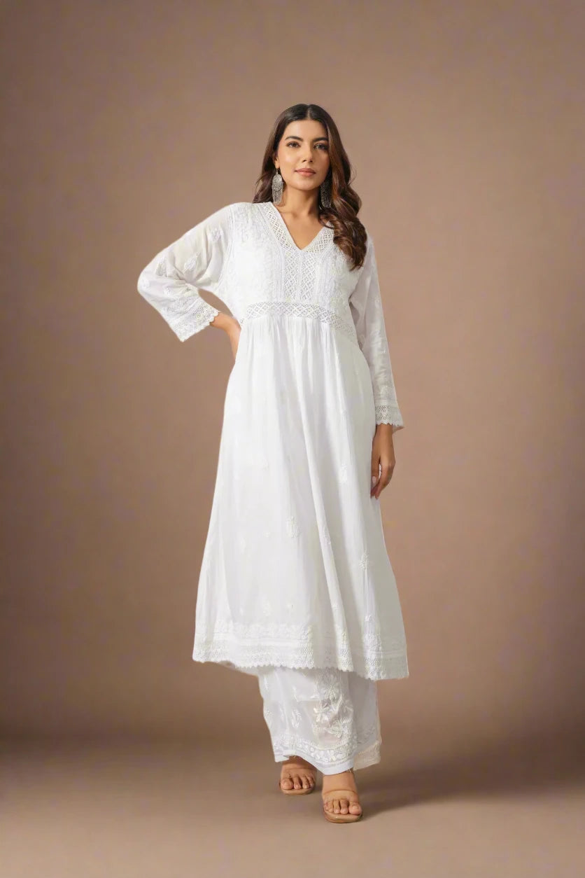 White Cotton Chikankari Kurta with Lace Detailing