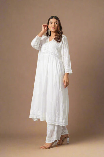 White Cotton Chikankari Kurta with Lace Detailing