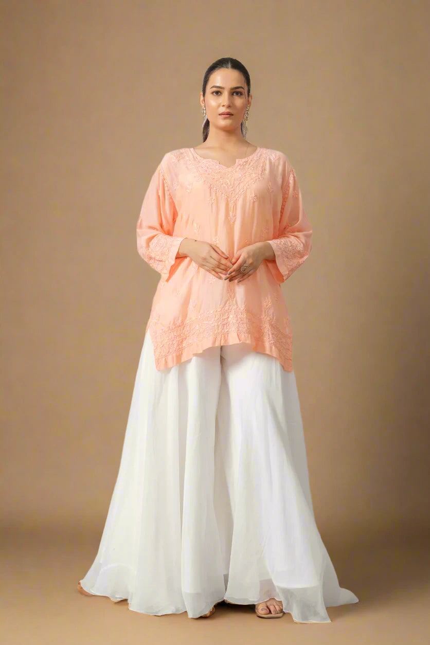 Peach Chikankari Muslin Short Kurta - The House of Indu