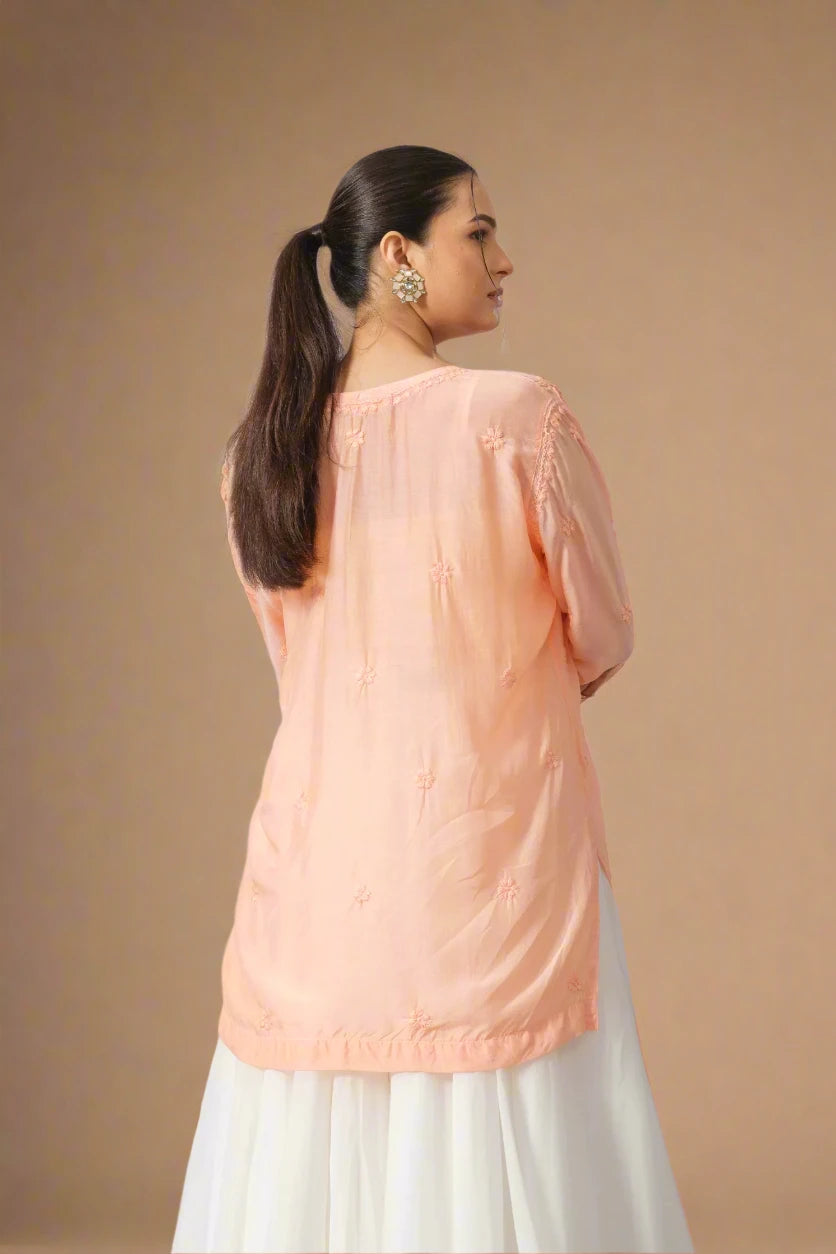 Peach Chikankari Muslin Short Kurta - The House of Indu