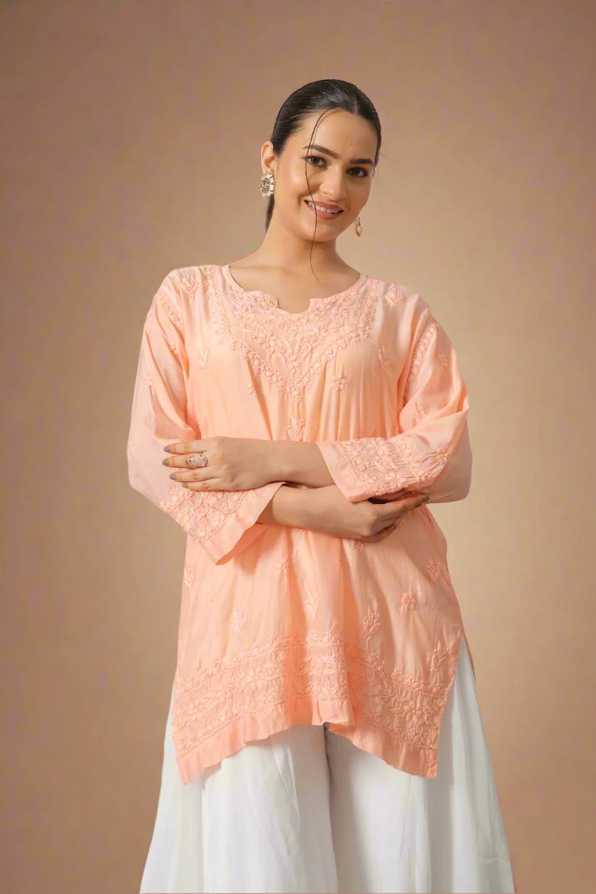 Peach Chikankari Muslin Short Kurta - The House of Indu