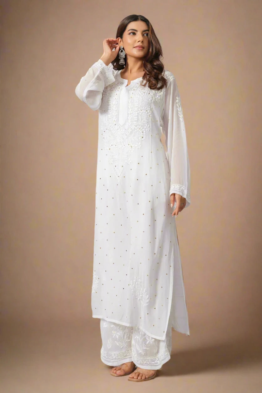 White Georgette Chikankari Kurta with Mukaish Work