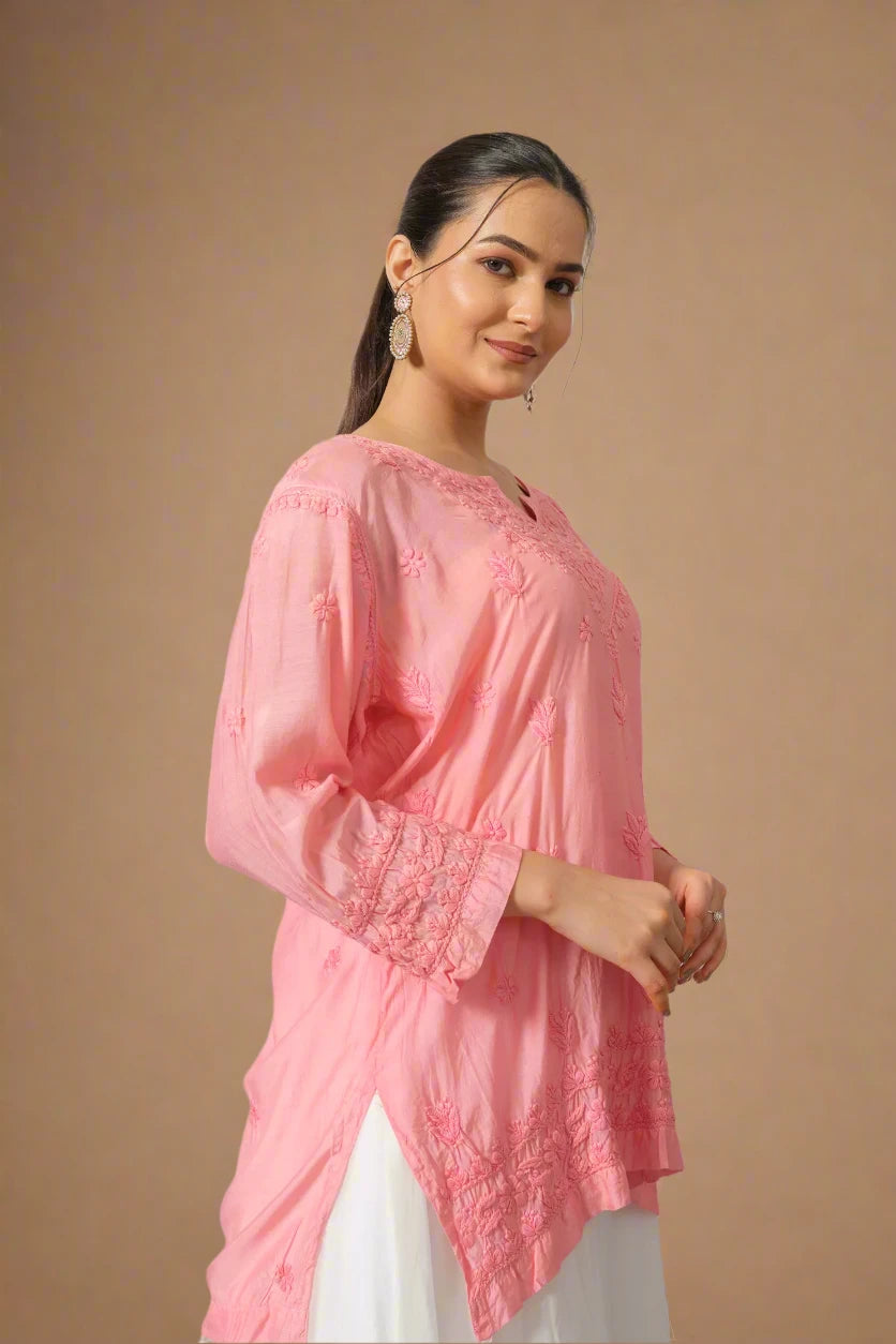 Pink Chikankari Muslin Short Kurta