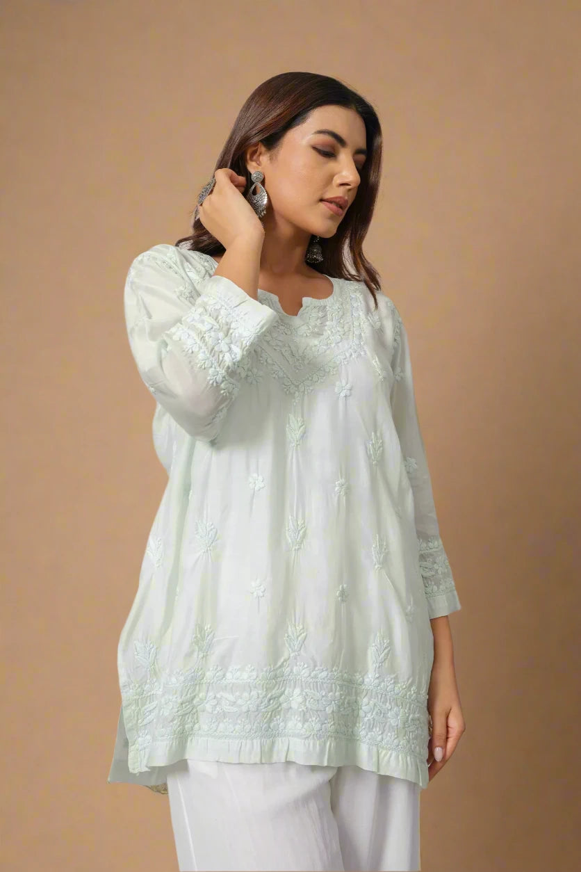 Mint Green Chikankari Muslin Short Kurta