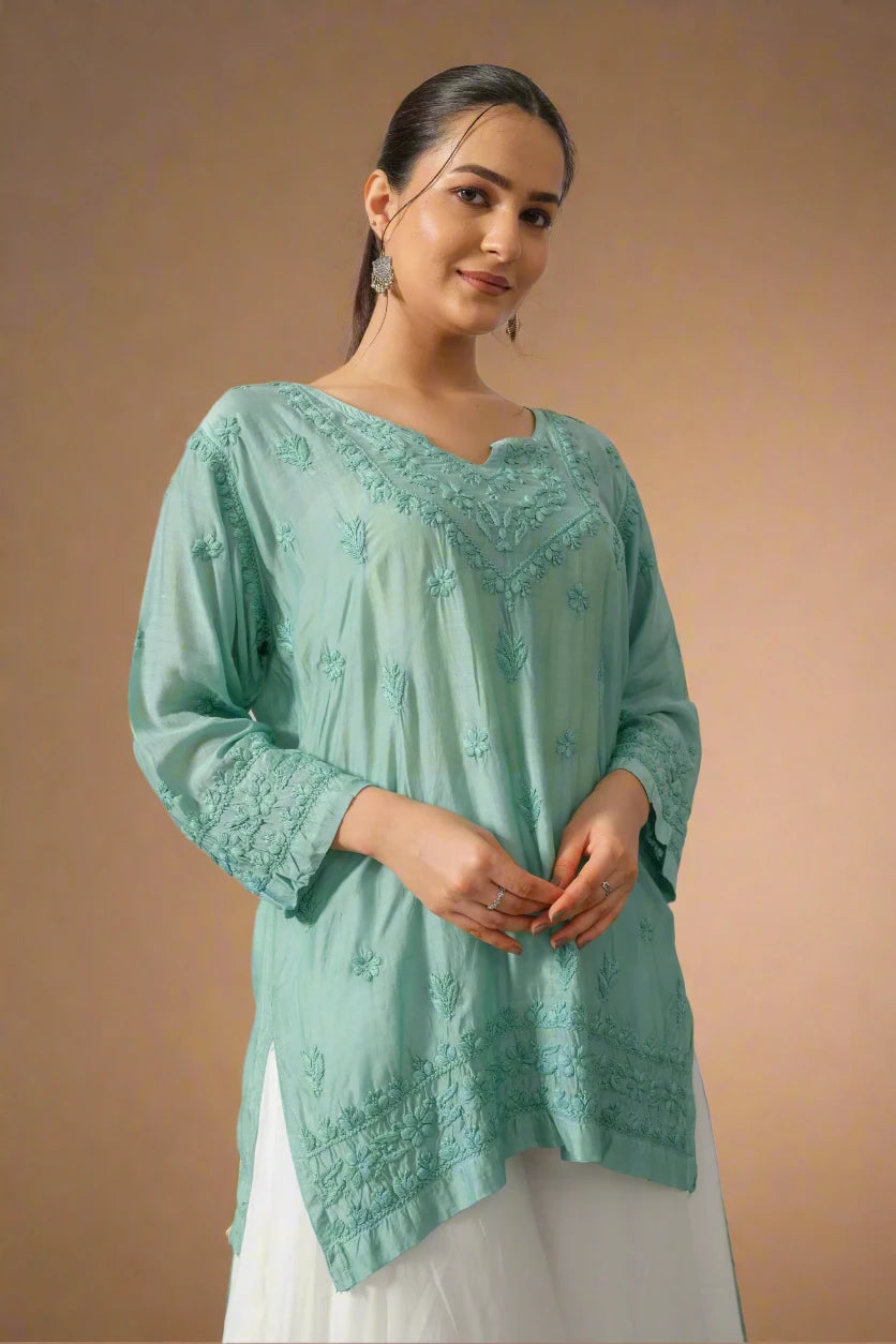 Aqua Blue Chikankari Muslin Short Kurta