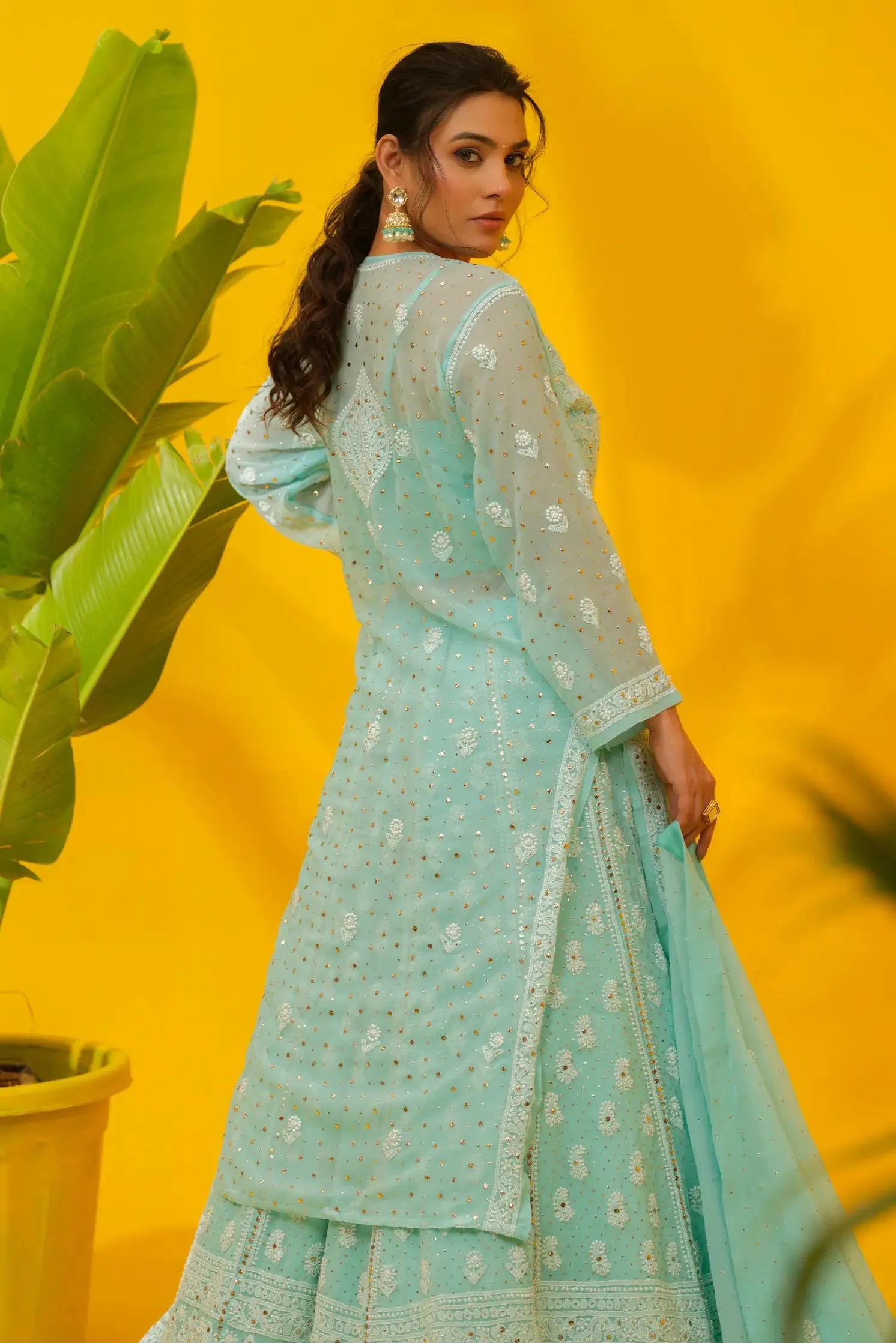 Georgette Chikankari with Mukaish Kurta & Lehenga Set with Dupatta The House of Indu